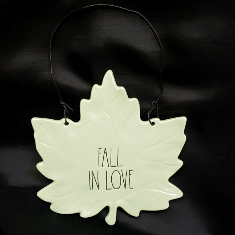 Rae Dunn Light Green "FALL IN LOVE" Ceramic Leaf Shaped Plaque